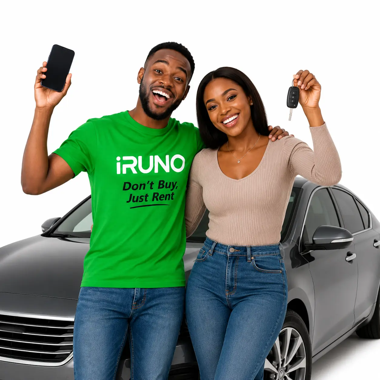 A couple with keys to a rented car