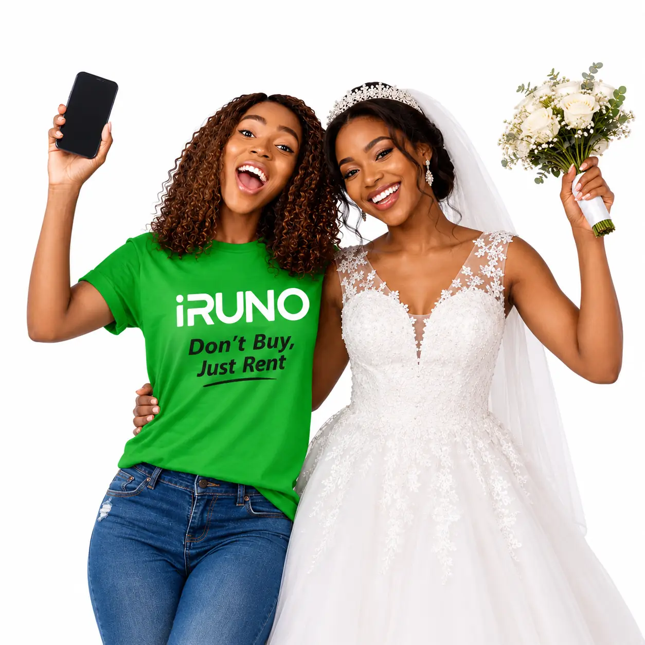 A happy customer with a bride in a rented wedding gown